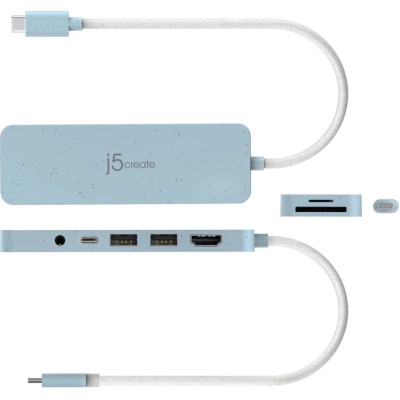 Концентратор J5create USB-C 6-in-1 2xUSB 3.2 + USB-C PD + HDMI 4K + SD/TF + 3.5mm cyan (JCD373EC-N) Винница - изображение 3