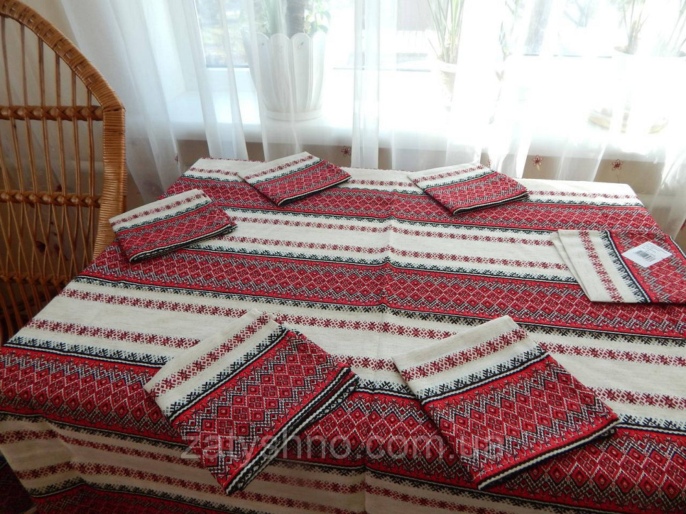 Красный  комплект скатерти и салфеток на льне Киев - изображение 8
