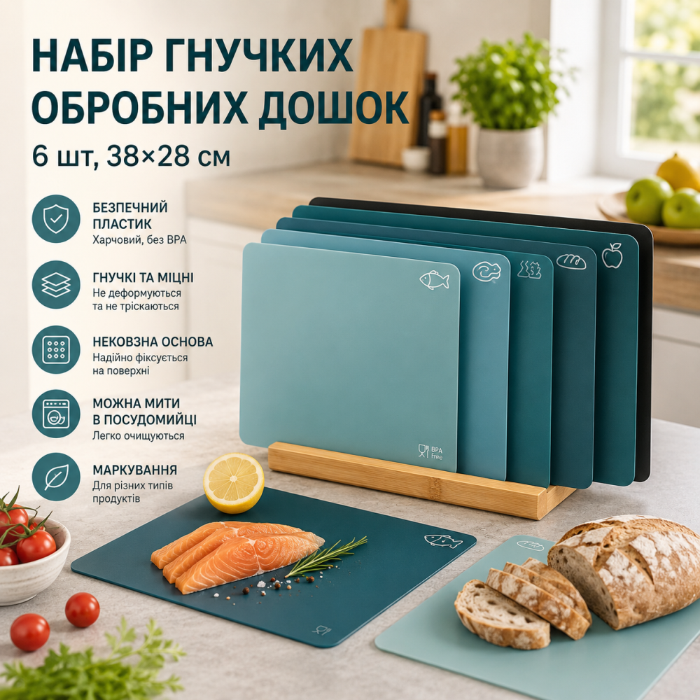 Набір гнучких обробних дощок Ernesto 6 шт, 38×28 см, пластикові кухонні дошки з маркуванням та нековзною основою Київ - фото 9