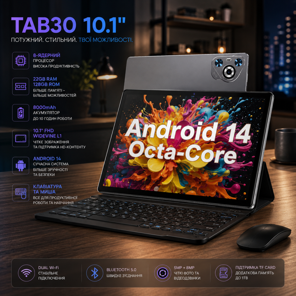 Планшет TAB30 10.1" (22/128GB) Android 14 Gray: 8-ядерний процесор, 8000mAh, Widevine L1 + Клавіатура та Миша Київ - фото 11