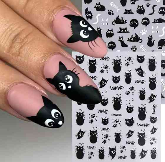 3D наклейки для ногтей «Котики» – чёрные, лист 10×8 см, 2 листа Киев