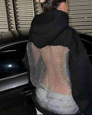 Женский стильный оверсайз худи с блестящей сеткой на спине трехнить на флисе + сетка Черный Одесса