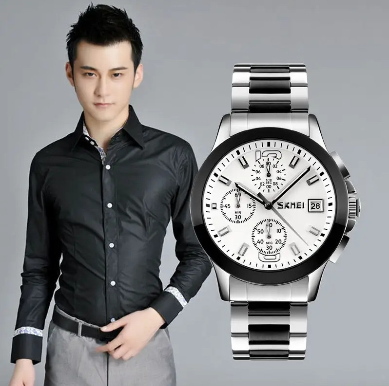 Чоловічий годинник Skmei 9126 з хронографом Сріблястий з білим циферблатом Київ - фото 4