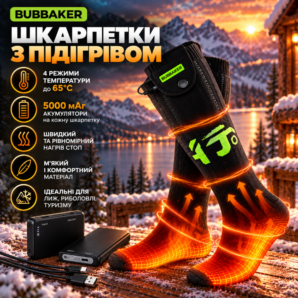 Шкарпетки з підігрівом Bubbaker XL, акумуляторні термошкарпетки 5000 мАг, 4 температурні режими до 65°C, для лиж, риболовлі Київ - фото 1