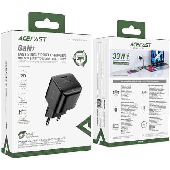 Зарядний пристрій USB-C 30W Gan A77 mini Fast Charger Black Acefast Винница