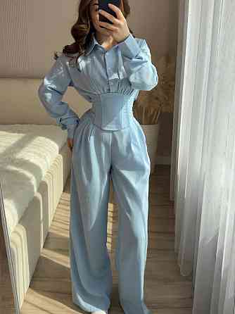 Жіночий стильний трендовий повсякденний костюм льон жатка Блакитний, 42/46 Одеса