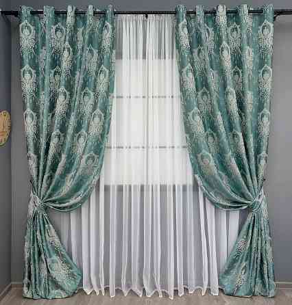 Комплект штор на люверсах VR-Textil Парча № 1777ш Бірюзовий з молочним 155х270 см 2 шт (37-0262) Київ