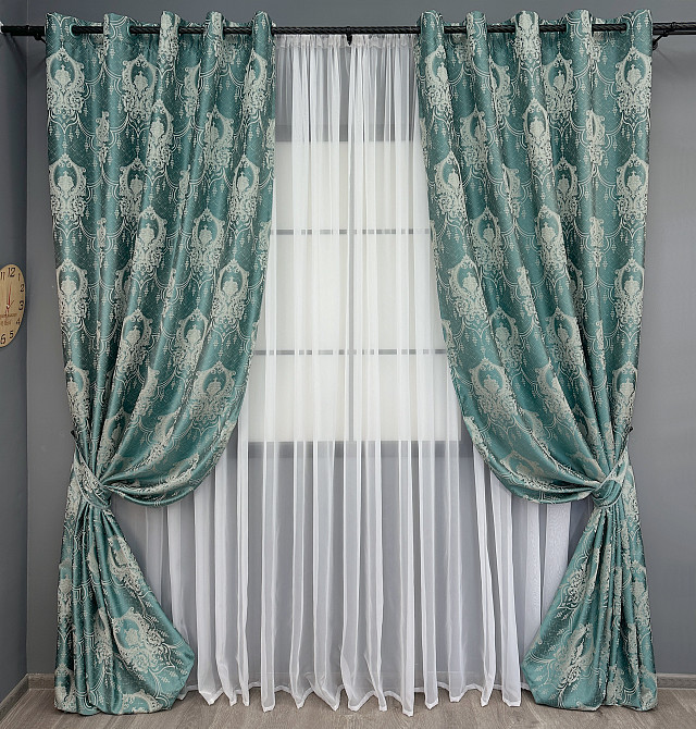 Комплект штор на люверсах VR-Textil Парча № 1777ш Бірюзовий з молочним 155х270 см 2 шт (37-0262) Київ - фото 2