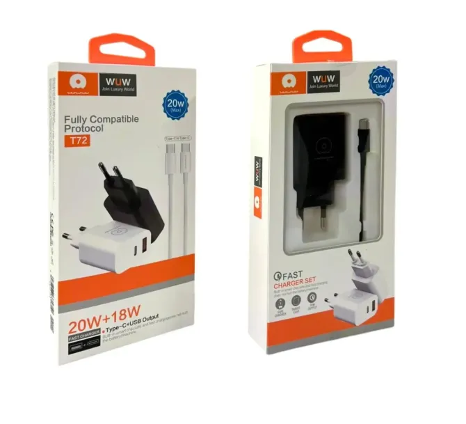 Зарядное устройство 220В 5В/9В/12В 20Вт QC3.0 USBx1 Type-Cx1 с кабелем Type-C - Type-C WUW-T72C Киев - изображение 1
