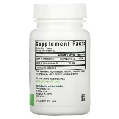 Витамин Seeking Health Витамин D3+K2, 5000 МЕ и 100 мкг, Vitamin D3+K2, 60 вегетарианских ка (SKH-52136) Винница - изображение 2