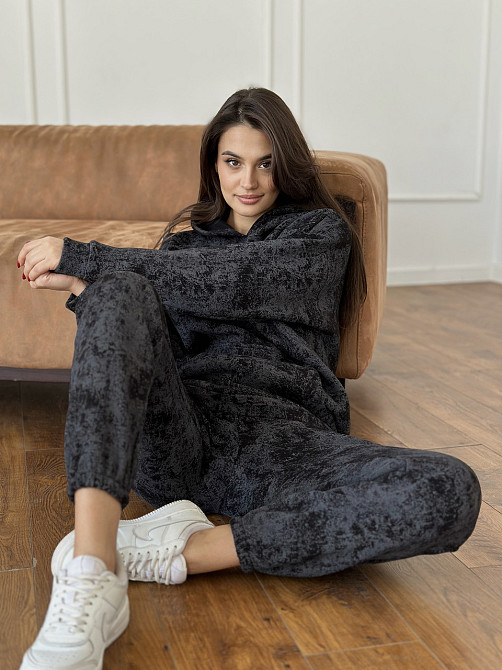 Теплий спортивний костюм жіночий мармуровий принт на флісі Чорний L-XL Харків - фото 4