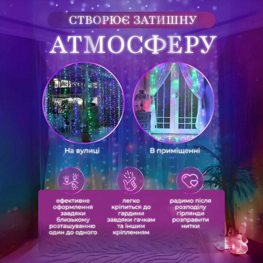 Гірлянда штора 2х2 м 240 LED світлодіодна мідний провід 8 ниток ZWM2240LEDML Київ - фото 7