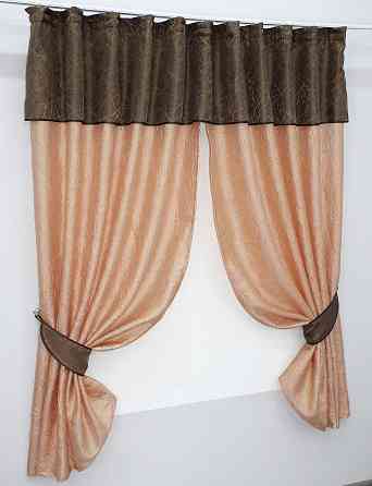 Кухонные шторы VR-Textil № 073к с ламбрекеном и подхватами персиковый с коричневым 260х170 см (52-0089) Киев