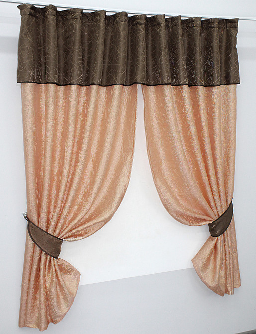 Кухонные шторы VR-Textil № 073к с ламбрекеном и подхватами персиковый с коричневым 260х170 см (52-0089) Киев - изображение 2