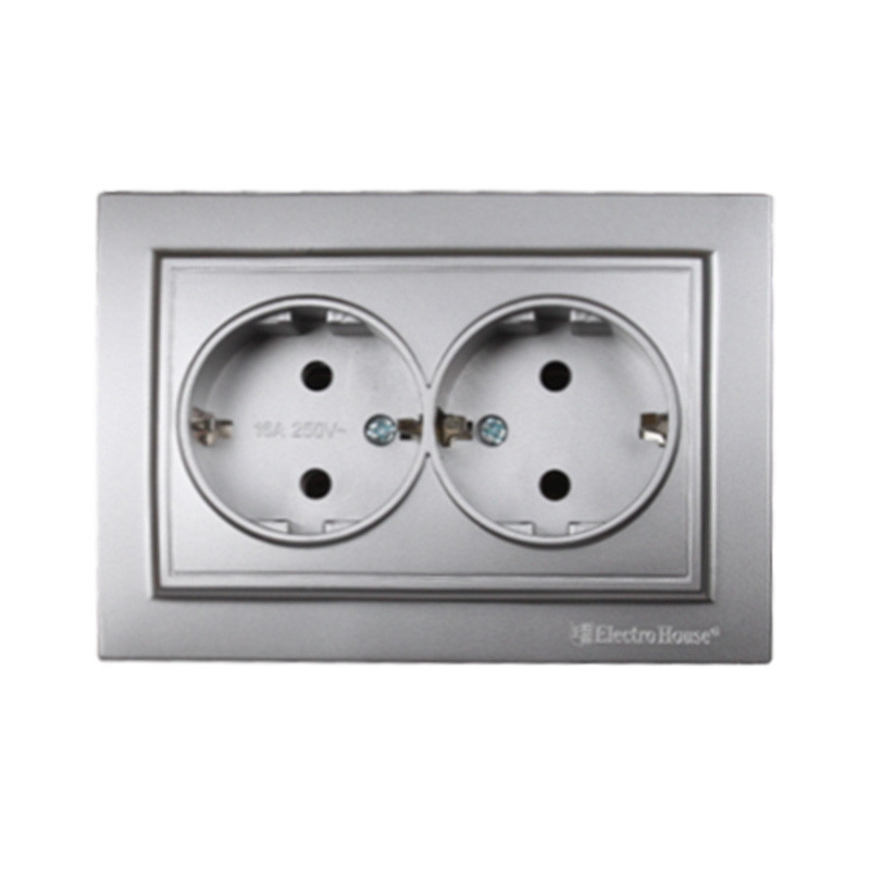 Розетка двойная с заземлением 16А, термопластик, Enzo серебряный камень Днепр - изображение 1