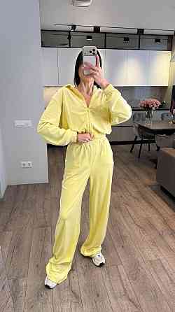 Женский стильный повседневный костюм тройка велюр плюш Лимонный, 42/44 Одесса