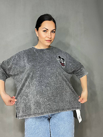 Футболка жіноча A-N 26030 варена тай-дай оверсайз з вишивкою Mickey Mouse, сірий, one size Одеса - фото 7