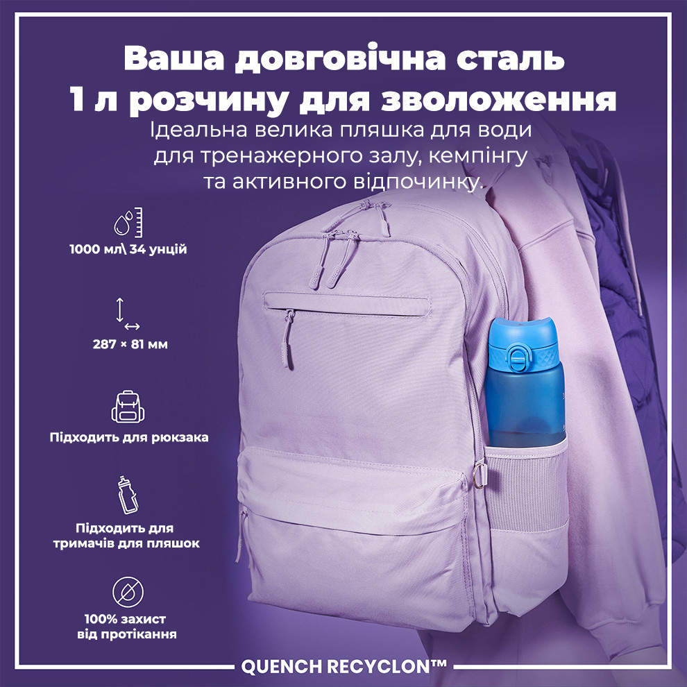 Пляшка для води ION8 1000 мл. BPA Free, Times To Drink, (ЕКО пляшка) BPA Free, Blue & Pink Кам'янське - фото 5