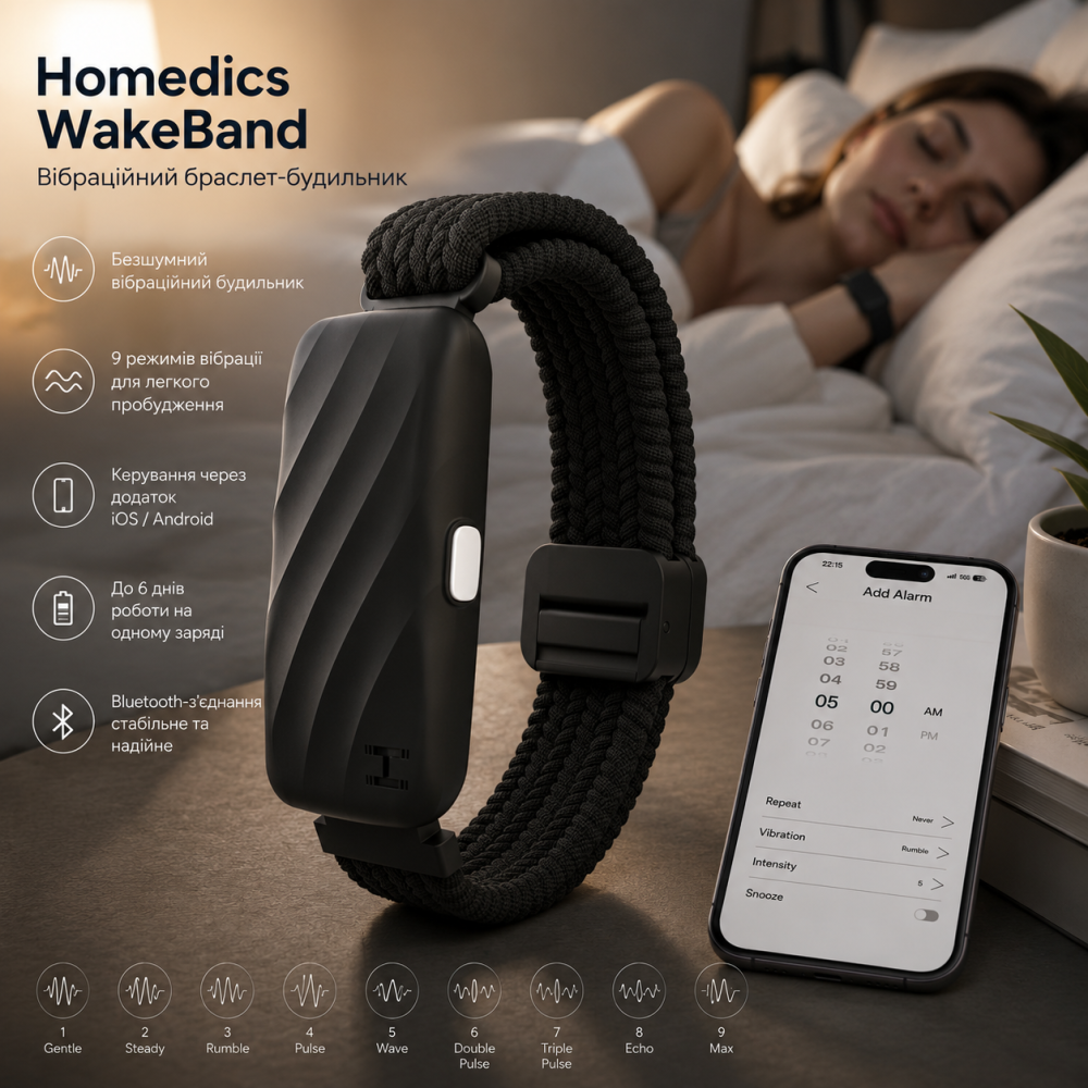 Вибрационный браслет-будильник Homedics WakeBand Black Bluetooth, бесшумный будильник, 9 режимов вибрации, приложение iOS/Android Киев - изображение 1