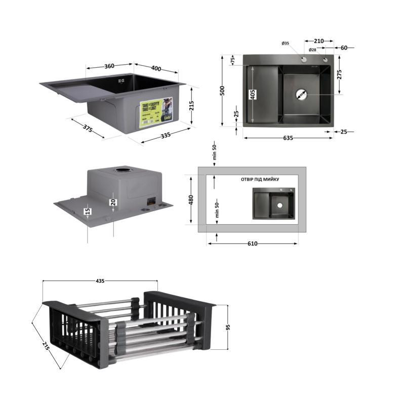 Комплект Lidz Handmade H6350BR Мойка для кухни интегрированная крыло справа BlackPVD в комплекте с дозатором + Киев - изображение 2