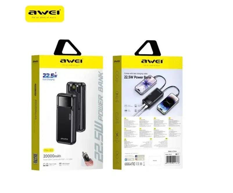 Зовнішній акумулятор Power Bank AWEI PA-93 20000 мАг 22.5W QC3.0 PD дисплей швидка зарядка LED індикатор Одеса - фото 2