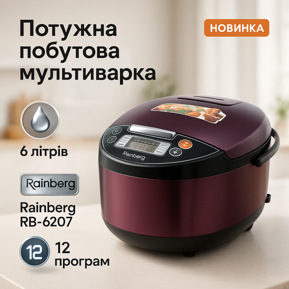 Кашеваркы Rainberg RB-6207 1500 Вт 6 л, Бюджетная мультиварка, Практичная мультиварка EF-58 Львов - изображение 14