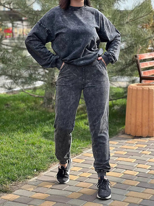 Костюм женский SEVILEN 142 варка тай дай свитшот оверсайз и брюки на резинке двунитка черный, черный, S Киев - изображение 8