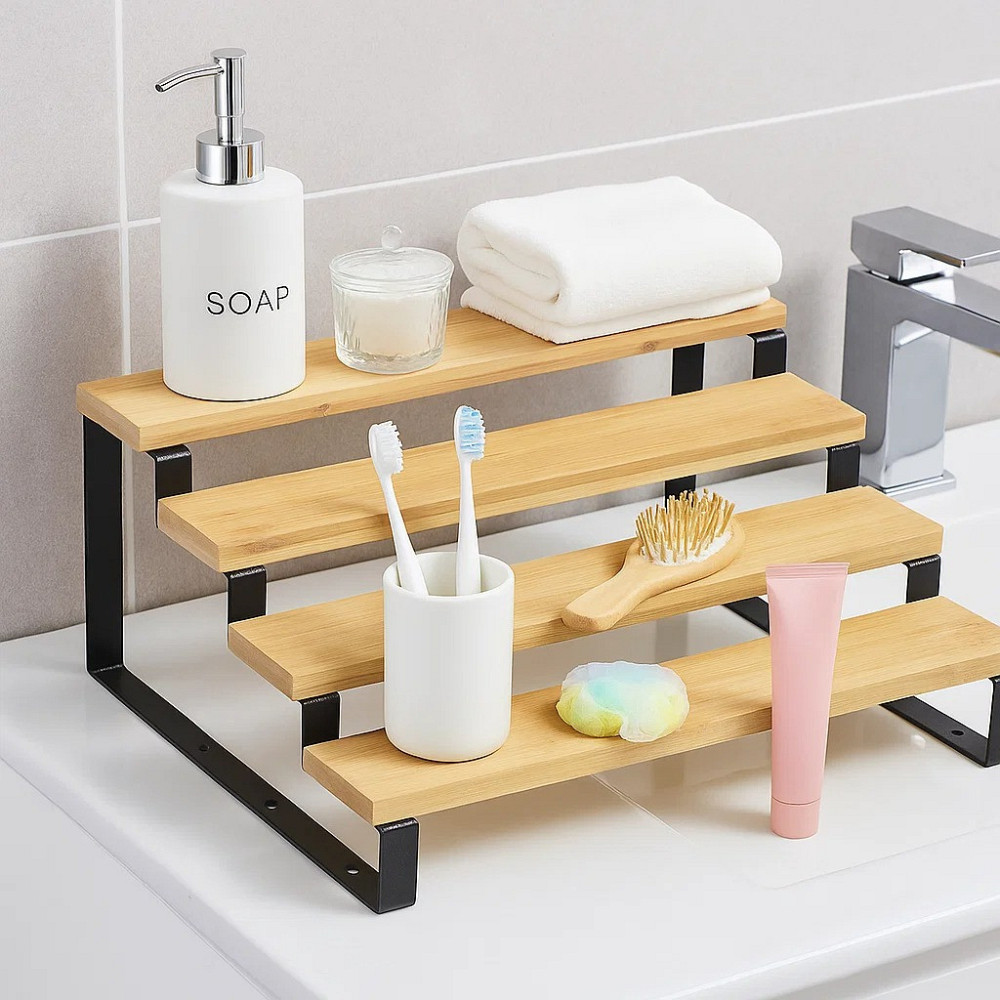 Полиця для ванної кімнати та кухні дерев'яна багатоярусна на 4 ступені для спецій, стійка ступінчаста для банок Кам'янець-Подільський - фото 3