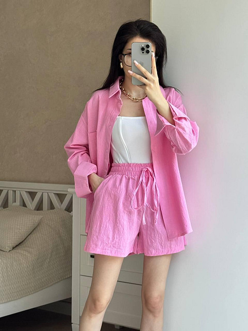 Жіночий літній костюм-двійка: сорочка та шорти турецький льон жатка Рожевий, 42/44 Одеса - фото 2