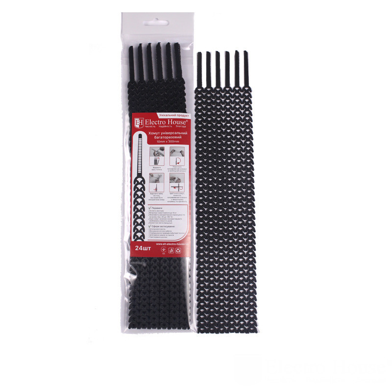Хомут универальный многоразовый 10х300 мм, 24 шт, черный Днепр - изображение 1