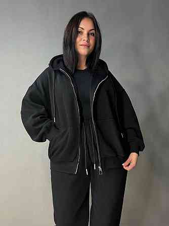 Костюм жіночий A-N 27066 спортивний оверсайз худі на блискавці та джогери чорний, чорний, L Київ
