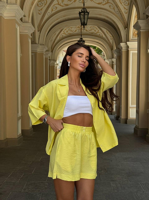 Женский летний базовый костюм двойка: шорты + рубашка свободного кроя лен бохо 42/44, Лимонный Одесса - изображение 3