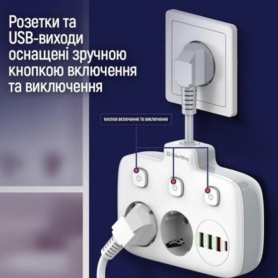 Фільтр мережевий 2 розетки/3USB-A/1Type-C CW-CHE24PDW ColorWay Житомир