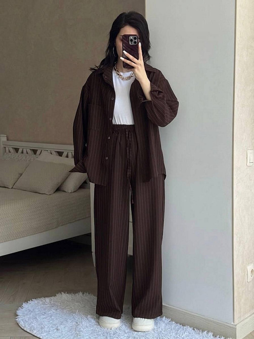 Жіночий стильний в'язаний костюм-двійка турецький льон у смужку Шоколад, 42/46 Одеса - фото 1