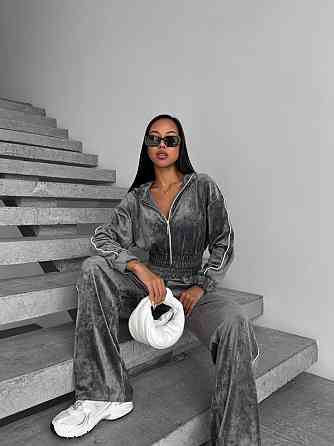 Женский прогулочный костюм двойка: зип кофта и брюки из мраморного велюра Серый, 44/46 Одесса