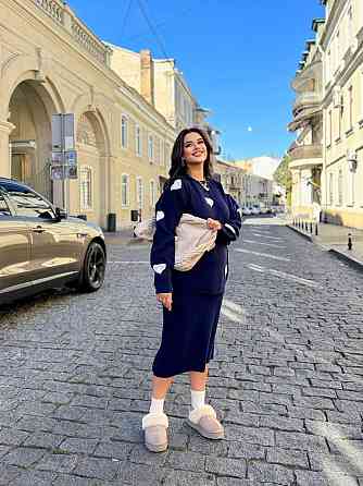 Жіночий теплий костюм-двійка з сердечками дрібне машинне в'язання Темно-синій Одеса