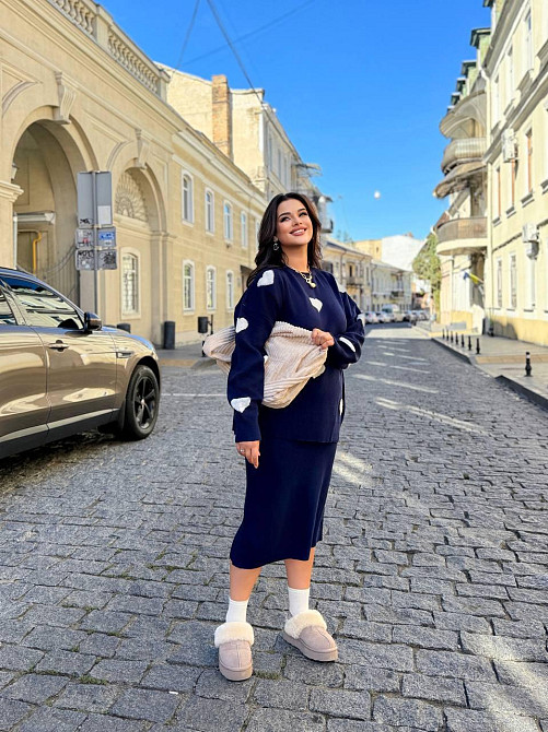 Жіночий теплий костюм-двійка з сердечками дрібне машинне в'язання Темно-синій Одеса - фото 3