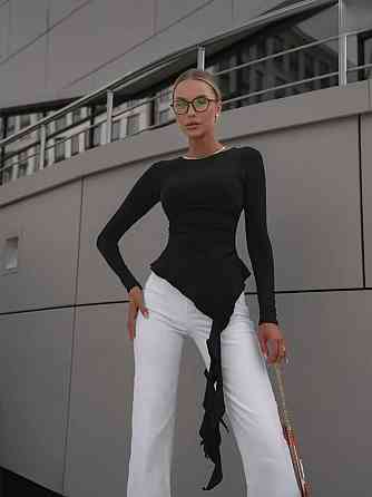 Женский стильный асимметричный лонгслив со шлейфом микродайвинг Черный Одесса