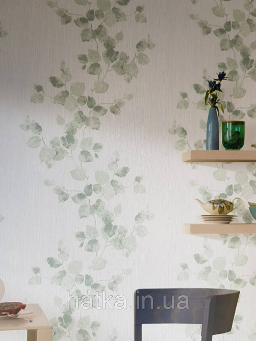 Шпалери вінілові на флізеліні Marburg Chelsea 0.53х10 смугою зелені гілки листя на білому Київ - фото 2