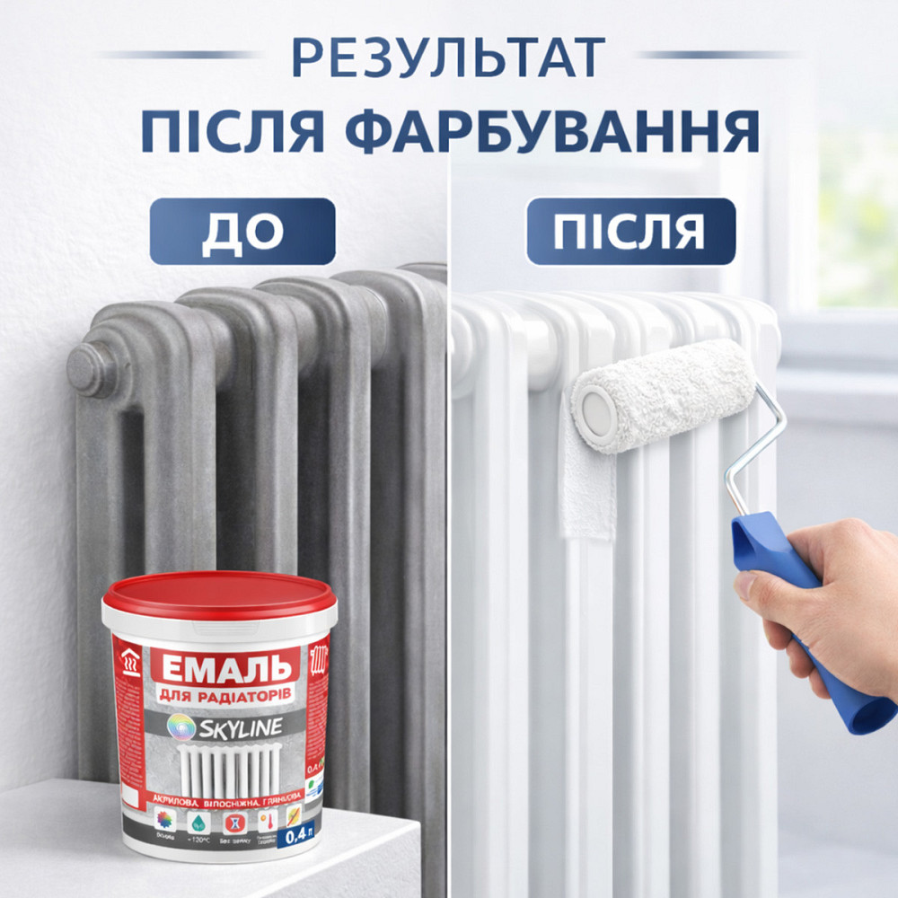 Акрилова емаль для радіаторів і труб опалення SkyLine, глянцева, термостійка, без запаху, біла, 400 мл Харків - фото 4