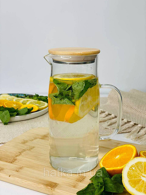 Глечик скляний "Арроу-бамбо" 1500 мл для напоїв прозорий із бамбуковою кришкою Київ - фото 1