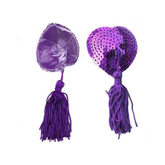 Наклейки для сосков Hearts с пайетками и кисточками - Сиреневый – Эротическое бельё Винница