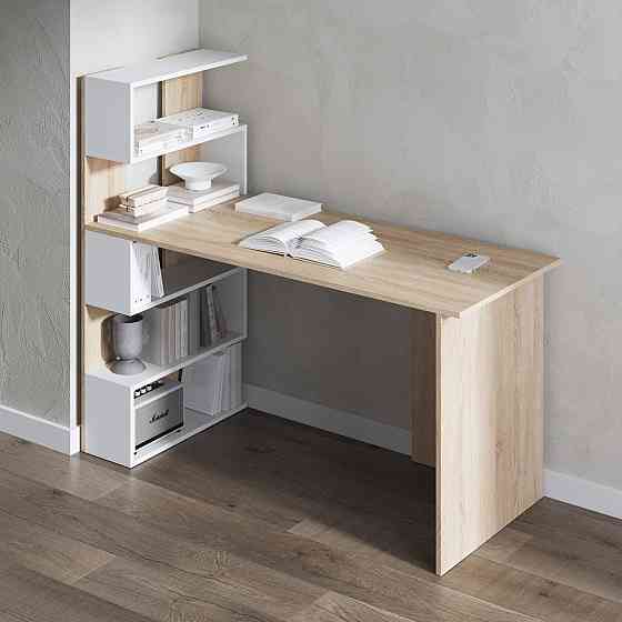 Компьютерный стол VAYS M-24 Дуб Сонома-Белый, письменный с полками слева, ЛДСП, 142×60×123 см – для дома, учебы, офиса Львов