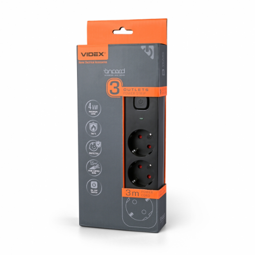 Мережевий подовжувач із заземленням 3 розетки 3м з кнопкою чорний VF-PD33G-B Oncord Videx Житомир - изображение 2