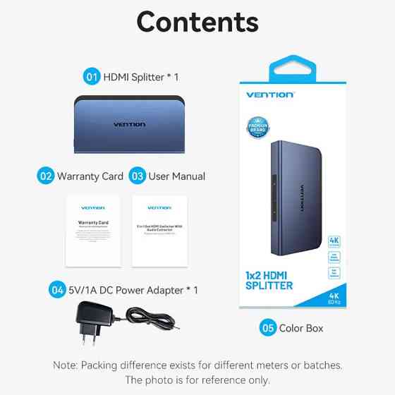 Сплітер HDMI 2.0 UHD 4K 60Hz 3D, HDCP 1in x 2out ports Blue Aluminum Alloy Vention Вінниця