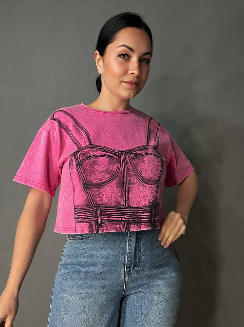 Футболка жіноча A-N 2732 варена коротка широка малюнок корсет бра, рожевий, one size Київ - фото 7