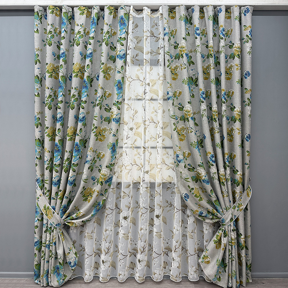 Комплект штор VR-Textil Лен Прованс 150х270 2шт и Тюль 600х270 2082ш-1908т Разноцветный 71-211/5 Киев - изображение 1