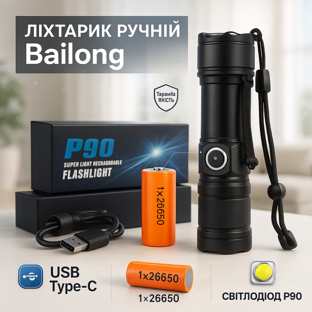 Ручний ліхтар з 18650 акумулятором, Ліхтарик військовий, Ліхтар для дому з вбудованим акумулятором KY-77 Львів - фото 15