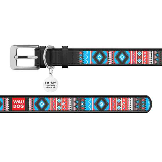 Нашийник для собак шкіряний WAUDOG Design з QR паспортом, малюнок "Етно", S, Ш 15 мм, Дов 26-35 Коломыя