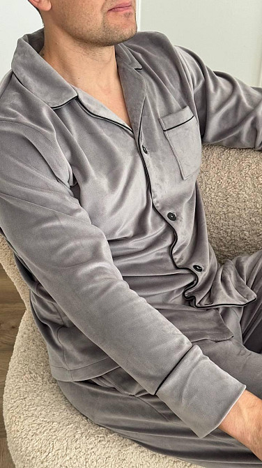 Пижама мужская велюровая на пуговицах Серый L Харьков - изображение 7